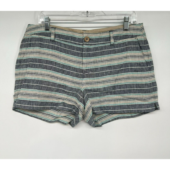 St. Tropez West Linen 3.5" Shorts Womens Sz 8 Gray Blue Horizontal Stripes Beach - Picture 1 of 6